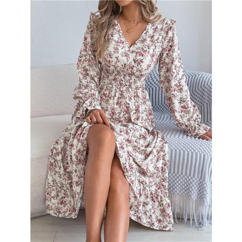 Ruffled Floral V-Neck Flounce Sleeve Dress